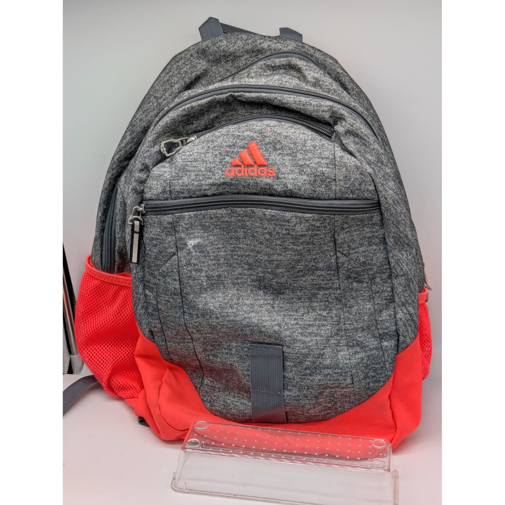 Adidas Backpack Gray Heather Red Multi Pocket School Gym Travel Bag 20x15